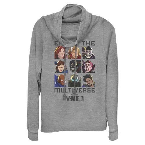 Marvel Enter The Multiverse Women's Cowl Neck Long Sleeve Knit Top, Gray Heather, Medium