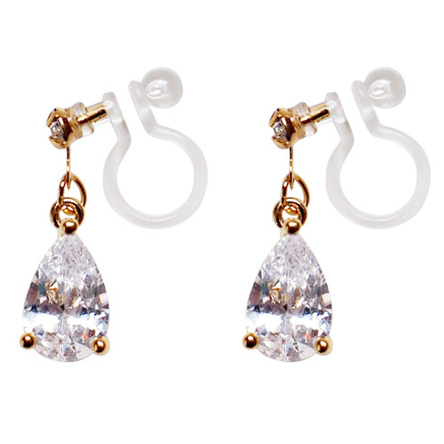 Comfortable Clear Cubic Zirconia Invisible Dangle Clip On Earrings For Women, Drop CZ Crystal Non Pierced Clip Earrings Gold tone Miyabi Grace
