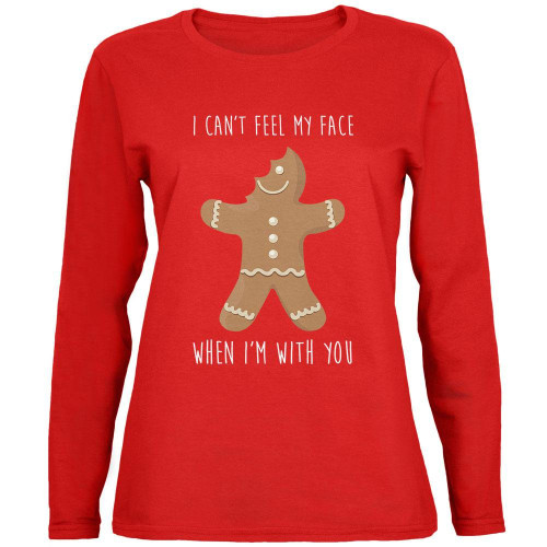 Christmas Gingerbread Man Can't Feel My Face Womens Long Sleeve T Shirt Red 2XL