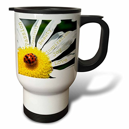 3dRose tm_40136_1" Inspirational Words Ladybug on a Daisy-Affirmations-Flowers" Travel Mug, 14 oz, Multicolor