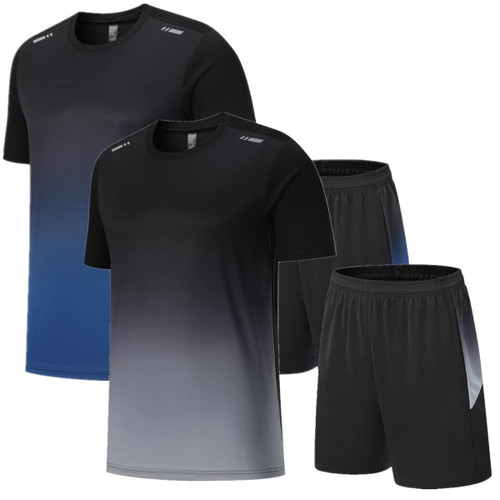 OPALOS Men Active Quick Dry Crew Neck T Shirts and Shorts Set Athletic Running Gym Workout Short Sleeve Tee Tops and Shorts Set (Black/Grey.Blue-6801,Large)