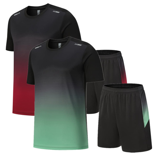 OPALOS Men Active Quick Dry Crew Neck T Shirts and Shorts Set Athletic Running Gym Workout Short Sleeve Tee Tops and Shorts Set (Black/Red.Green-6801,XX-Large)