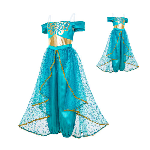 Maoluo Vintage Girls Arabian Princess Costumes Dress Up Kids Halloween Party Fancy Cosplay Dress, Teal, 7-8 Years