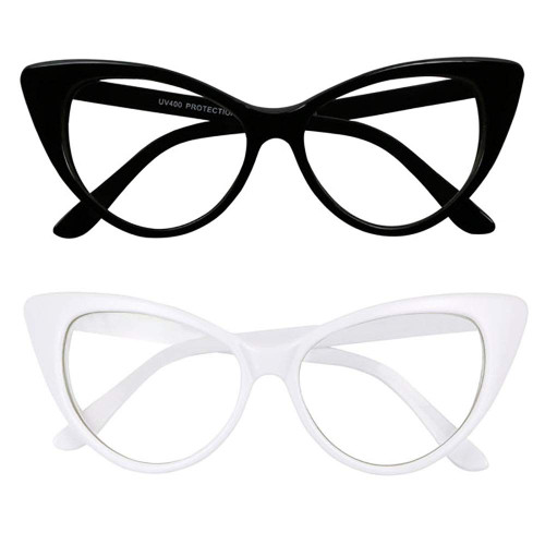 ShadyVEU Super Cat Eye Vintage Inspired Fashion Mod Clear Lens Sunglasses (2-Pack (1 Black & 1 White), Clear Lens)