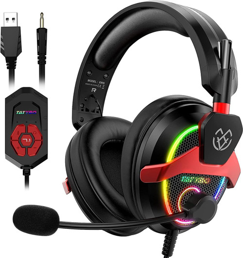 Tatybo Gaming Headset with 7.1 Surround Sound for PC PS4 PS5 Switch, USB & 3.5mm Gaming Headphones with Noise Cancelling Mic