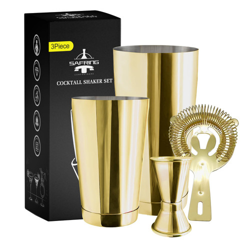 Safring Boston Cocktail Shaker Bar Set, Weighted Boston Shaker Tins, Bartender Kit with 18oz & 28oz Mixed Drink Shaker, Hawthorne Strainer, Double Measuring Jigger - Gold