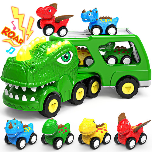 Toys for 1 2 3 4 Year Old Boy Girl, 5 in 1 Toy Trucks for Boys Age 2-3 with 4 Dinosaur Toy Cars for Toddlers 1-3, Friction Powered Toddler Boy Toys Dinosaur Truck Toys Gift with Flashing Light & Sound