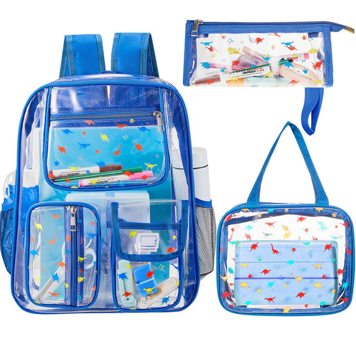 Silkfly 3 Pcs Clear Backpack Transparent School Backpacks PVC Clear Bookbag with Lunch Bag Pencil Case for Stadium Kids Girls Boys Christmas Gifts (Blue,Dinosaur)