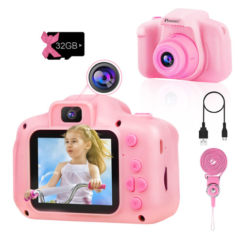 PROGRACE Kids Camera Girls Gift - Camera for Kids Dual Selfie Children Camera Age 3 4 5 6 7 8 9 Year Old Kids Digital Camcorder Toys for Kids Birthday Gift for Girls Mini Camera Kids Video Camera Pink