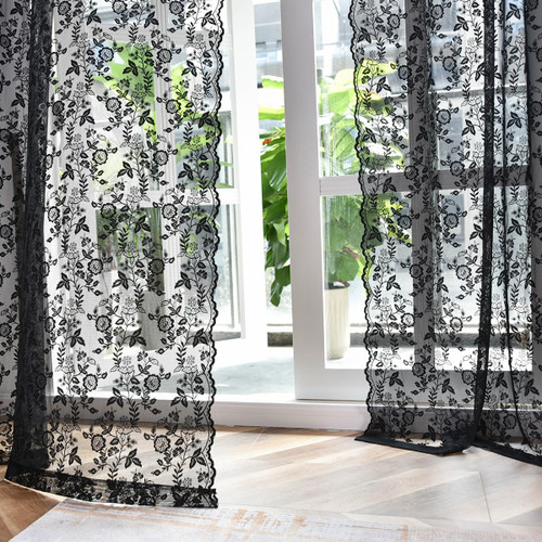 FINECITY Black Lace Curtains 84 Inches Long for Living Room, Country Rustic Floral Black Lace Sheer Curtains for Bedroom, Privacy Gothic Black Sheer Curtains, 52 x 84 Inch, 2 Panels, Black