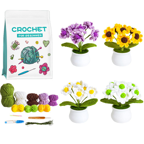 Meygajoe DIY Crochet Kit for Beginners, 4 Pack Little Daisy Crochet Kit Beginner Crochet Starter Kit for Complete Beginners Adults, Crocheting Knitting Kit with Step-by-Step Video Tutorials