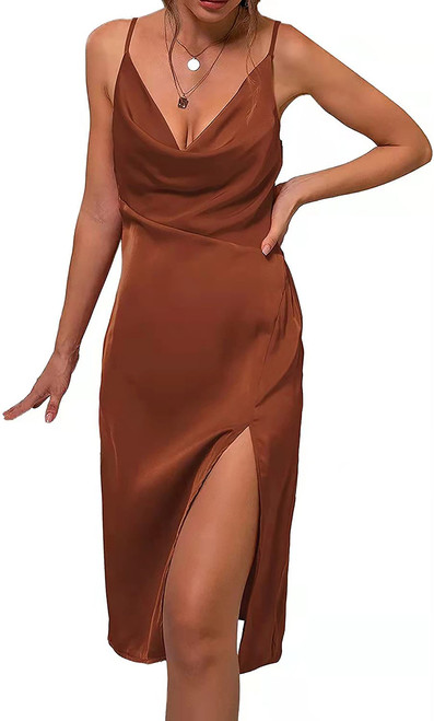 Women's Satin Silk Slip Spaghetti Straps Drape Neck Dresses Split Slit Wedding Guest Cocktail Club Midi Dress Women's Satin Silk Slip Spaghetti Straps Drape Neck Dresses Split Slit Wedding Guest Cocktail Club Midi Dress