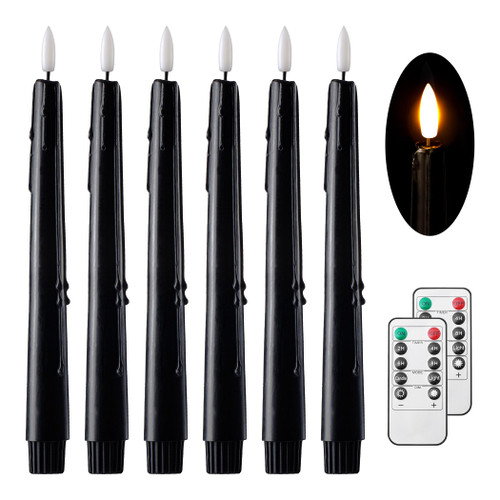 Stmarry Black Real Wax LED Flameless Taper Candles with Remote and Timer, 9.65 Inch Flameless Candlesticks, Battery Operated Halloween Candles with 3D Flickering Flame Halloween Decor - Set of 6