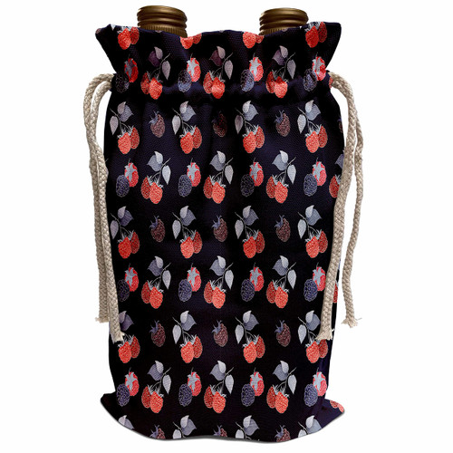 3dRose Pattern of red raspberries, blackberries, blue leaves on dark navy - Wine Bags (wbg_353910_1)