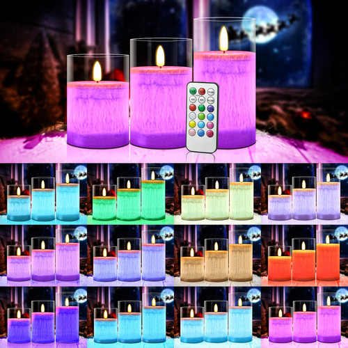 LED Flameless Candles, 13 Colors Mode Changing LED Candles with Timer & Remote Control, Battery Operated LED Glass Candles Gift Set, Set of 3 Pillar Candles of 4" 5" 6" for Party Christmas Decoration