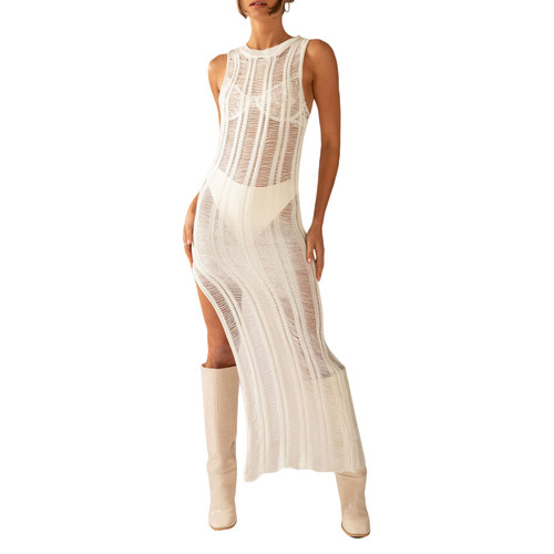 Women Knitted See Through Cover Up Dress Y2k Sheer Mesh Ruffle Maxi Long Dress Bikini Coverups Dress Beachwear J-White