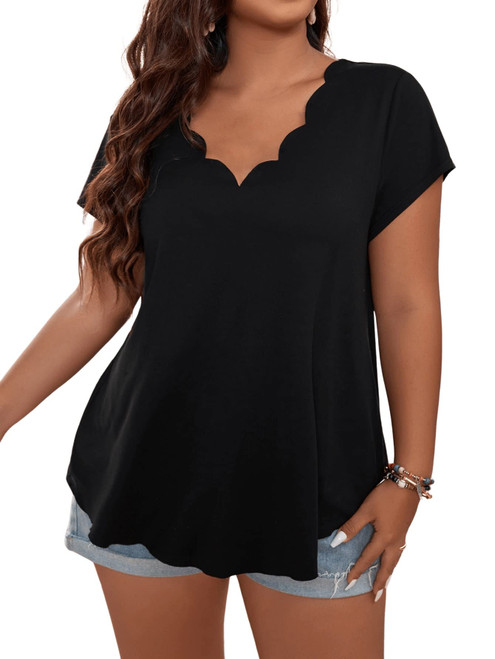 SOLY HUX Women's Plus Size Scalloped Trim V Neck Short Sleeve T Shirt Summer Tee Tops Solid Black 3XL
