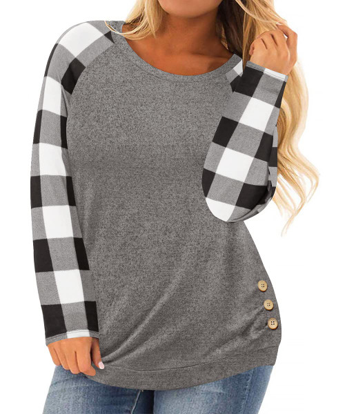 CARCOS Plus Size Tops for Women 4X Plaid Raglan Long Sleeve Shirts Grey Button Shirts Crewneck Christmas Tunics White Black Casual Holiday Pullover 4XL 24W 26W