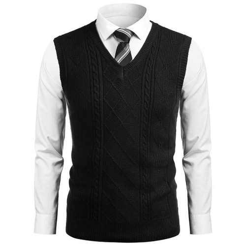 COOFANDY Men's V Neck Vest Sweater Knitted Sleeveless Slim Fit Casual Pullover Vest Black