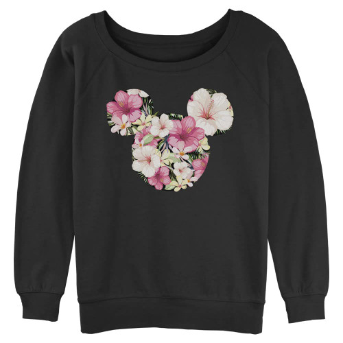 Disney Women's Classic Mickey Tropical Mouse Junior's Raglan Pullover with Coverstitch, Black, Large