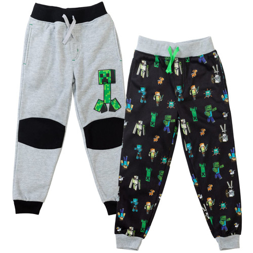 Minecraft Mobs Creeper Steve Alex Little Boys Fleece 2 Pack Jogger Pants Grey/Black 7-8