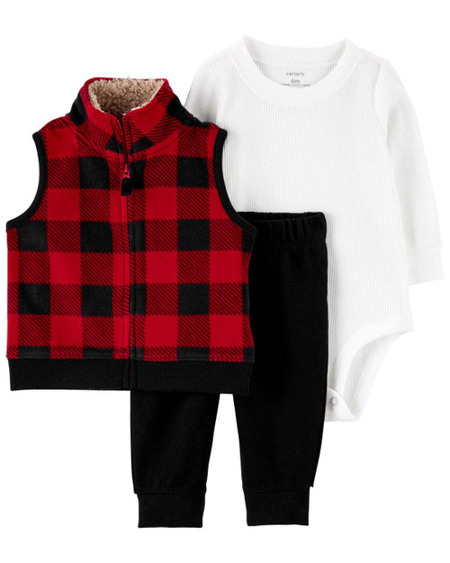 Carter's Baby Boys' 3 Piece Vest Set (Red Plaid, 12 Months)