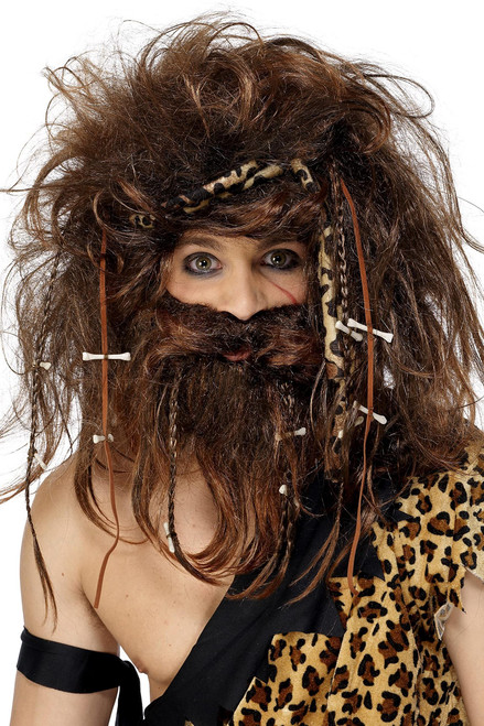 Smiffys Men's Crazy Caveman Set Includes Wig Beard Headband Bones and Braids, Brown, One Size