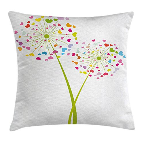 Ambesonne Floral Throw Pillow Cushion Cover, Spring Dandelion Flower with Heart Shaped Colorful Petals Romance Love Valentines, Decorative Square Accent Pillow Case, 16 X 16 inches, Multicolor