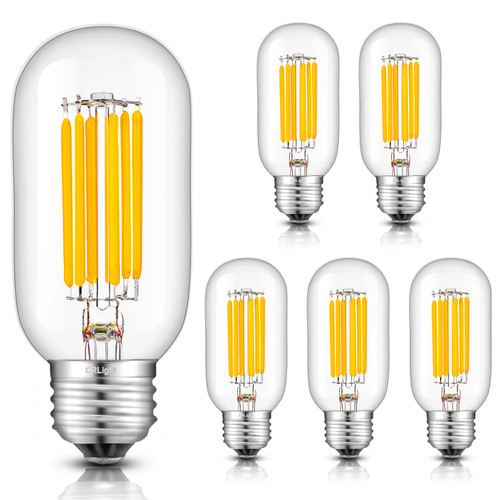 CRLight 8W LED Tubular Bulb 3000K Soft White, 80W Equivalent 800 LM, E26 Antique Edison T14 / T45 Tubular Clear Glass Dimmable LED Filament Light Bulbs, Pack of 6 CRLight 8W LED Tubular Bulb 3000K Soft White, 80W Equivalent 800 LM, E26 Antique Edison T14 / T45 Tubular Clear Glass Dimmable LED Filament Light Bulbs, Pack of 6