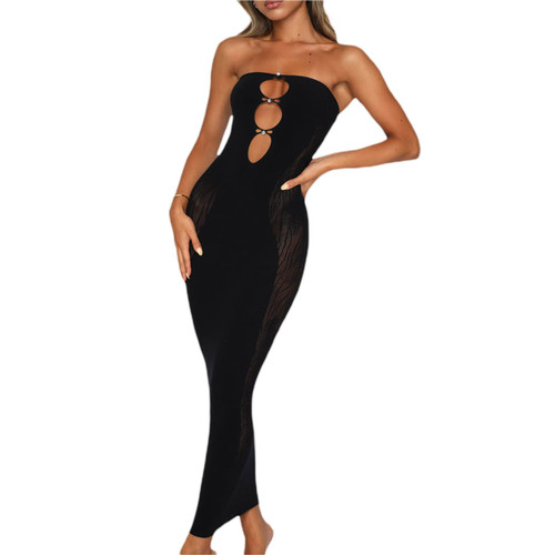 Women Cutout Backless Maxi Dress Sexy Sleeveless Split Cocktail Dresses Bodycon Spaghetti Strap Long Dress Party(Black Strapless,S)