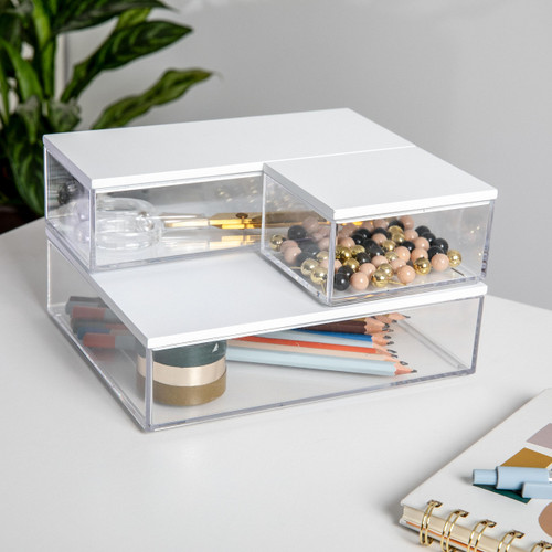 Martha Stewart Brody Plastic Storage Organizer Bins with Engineered Wood Lids for Home Office, Kitchen, or Bathroom, 3 Pack 1-Small/1-Medium/1-Large, Clear/White