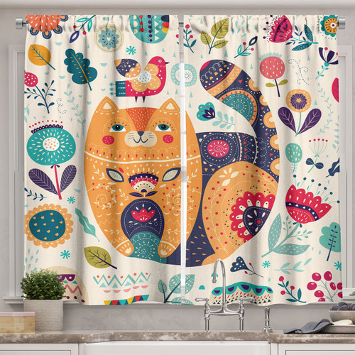 Ambesonne Paisley Kitchen Curtains, Little Smiling Cheek Cat Animal with Various Oriental Leaf Flower Artwork, Window Drapes 2 Panel Set for Kitchen Cafe Decor, 55" X 39", Multicolor