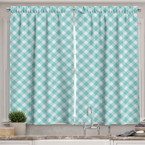 Ambesonne Aqua Kitchen Curtains, Retro Vintage Gingham Pop Art Style Lovers Spring Summer Inspired Artwork, Window Drapes 2 Panel Set for Kitchen Cafe Decor, 55" X 39", Turquoise White