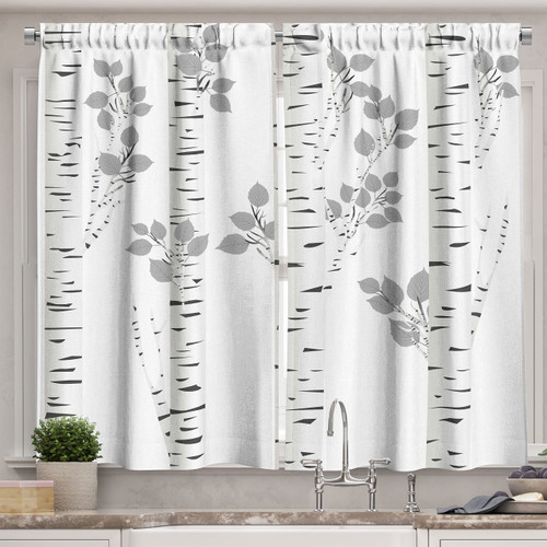 Ambesonne Birch Tree Kitchen Curtains, White Branches with Leaves Autumn Nature Forest Inspired Image Print, Window Drapes 2 Panel Set for Kitchen Cafe Decor, 55" X 39", White Grey