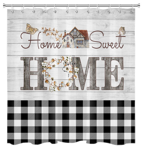 LB Check Plaid Sweet Home Shower Curtain Black White Checked Butterfly Rustic Plank Farmhouse Shower Curtains for Bathroom Decor Set with Hooks 72x72 inch Extra Long Polyester Fabric Waterproof