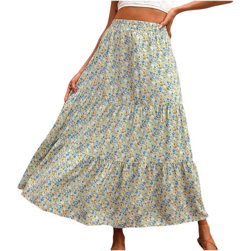 Cargo Skirt Y2K White Women's Boho Floral Skirts High Waist Ruffle Long Skirt Summer Flowy Beach Skirts Summer Pleated Tiered Maxi Skirt Long Skirts for Women