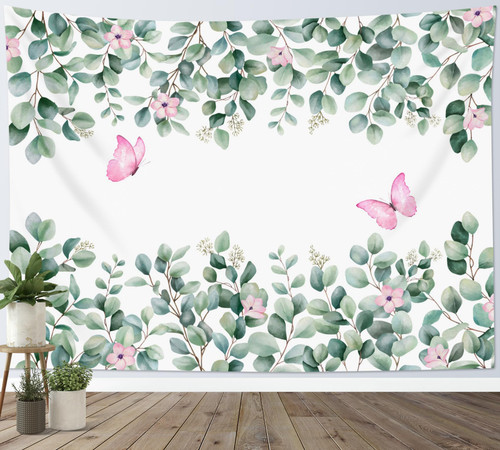 LB Pink Butterfly Tapestry Wall Hanging Sage Green Eucalyptus Leaf with Floral on White Wall Tapestry for Bedroom Aesthetic Nature Plant Tapestry for Living Room College Dorm Decor, 80Wx60H inch LB Pink Butterfly Tapestry Wall Hanging Sage Green Eucalyptus Leaf with Floral on White Wall Tapestry for Bedroom Aesthetic Nature Plant Tapestry for Living Room College Dorm Decor, 80Wx60H inch