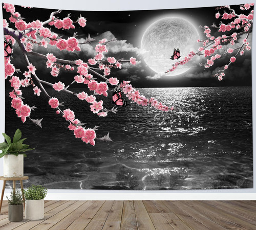 LB Pink Floral Tapestry Wall Hanging Butterfly and Full Moon with Cloud in Ocean Wall Tapestry for Bedroom Aesthetic Nature Landscape Tapestry for Living Room College Dorm Decor, 80Wx60H inch LB Pink Floral Tapestry Wall Hanging Butterfly and Full Moon with Cloud in Ocean Wall Tapestry for Bedroom Aesthetic Nature Landscape Tapestry for Living Room College Dorm Decor, 80Wx60H inch