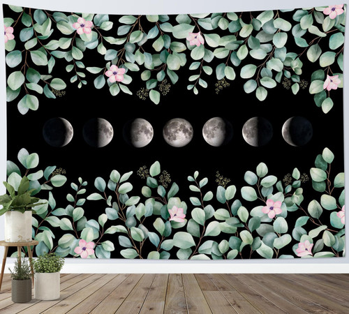 LB Moon Phase Tapestry Wall Hanging Pink Floral With Eucalyptus Leaf on Black Wall Tapestry for Bedroom Aesthetic Nature Landscape Tapestry for Living Room College Dorm Decor, 80Wx60H inch LB Moon Phase Tapestry Wall Hanging Pink Floral With Eucalyptus Leaf on Black Wall Tapestry for Bedroom Aesthetic Nature Landscape Tapestry for Living Room College Dorm Decor, 80Wx60H inch