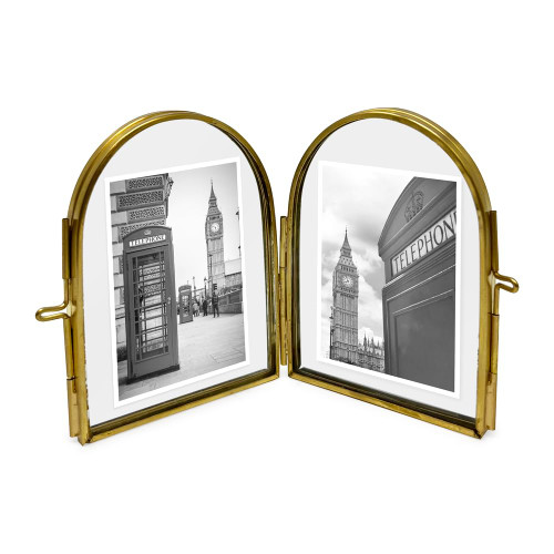 Isaac Jacobs 2x3 Vintage Style, Double-Sided Arched Brass & Glass Metal Floating Picture Frame with Locket Closure (Vertical), Made for Tabletop Display (2x3 Vertical, Antique Gold)