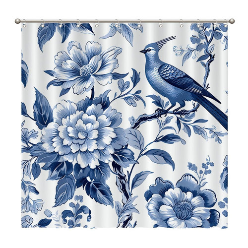 Chinoiserie Blue Indigo Floral and Bird Shower Curtains 72x72 Inch Polyester Fabric Bathroom Shower Curtains with Hooks Durable Waterproof Shower Curtains for Bathroom Bathtub Home Decoration