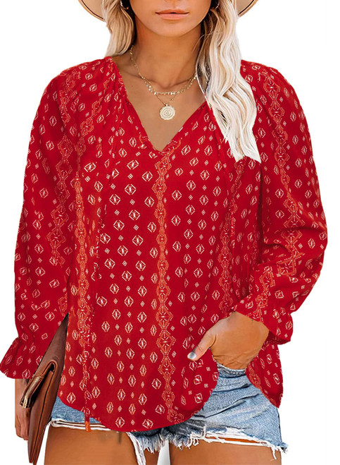 Eytino Women Plus Size Chiffon Shirts V Neck Drawstring Boho Floral Printed Long Sleeve Blouses Tops,1X Red 203