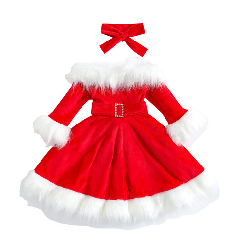Toddler Baby Girl Christmas Dress Santa Claus Dress Red Velvet Long Sleeve Tulle Princess Dress with Headband Outfit (B Red Long Sleeve, 6-7 Years)