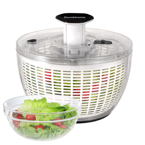 Ourokhome Salad Spinner with Salad Bowl, One-handed Large Lettuce Dryer Kitchen Gadgets with Break Button and Retractable Handle, Easy Press Vegetable Washer Mixer for Greens, Herbs, Fruits, 6.3 QT