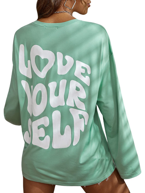 SOLY HUX Women's Letter Print Graphic Tees Long Sleeve Round Neck Casual T Shirt Tops Mint Green Letter L SOLY HUX Women's Letter Print Graphic Tees Long Sleeve Round Neck Casual T Shirt Tops Mint Green Letter L