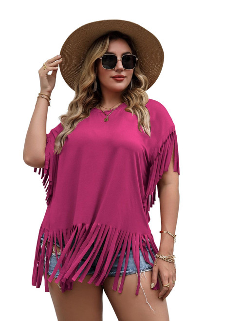 SOLY HUX Women's Plus Size Fringe Trim Short Sleeve T Shirt Round Neck Casual Tee Tops Solid HotPink 0XL SOLY HUX Women's Plus Size Fringe Trim Short Sleeve T Shirt Round Neck Casual Tee Tops Solid HotPink 0XL