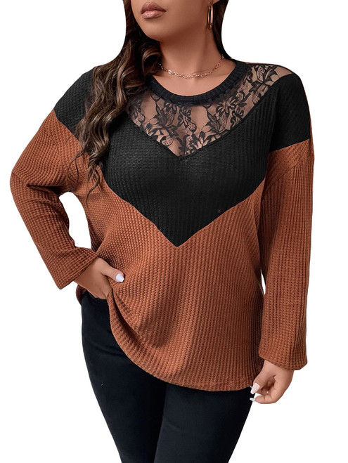 SOLY HUX Women's Plus Size Contrast Lace Color Block Long Sleeve T Shirts Casual Tee Tops Rust Brown Colorblock 2XL