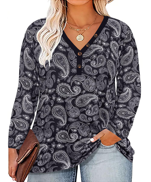 TIYOMI Women's Plus Size Tops Cashew Flowers Long Sleeve Blouse 3X V Neck Button Down Shirts Black Floral Pullover Loose Fit Knitted Tee Autumn Winter Tunics 3XL 22W 24W