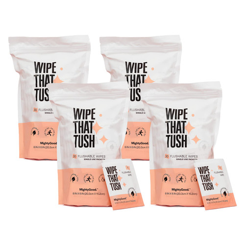 MightyGood. Wipe That Tush On-The-Go Flushable Wet Wipes - 4 Pack, 120 Wipes - Individually Wrapped Extra-Large Wipes with Aloe - Hypoallergenic & Unscented - Septic and Sewer Safe MightyGood. Wipe That Tush On-The-Go Flushable Wet Wipes - 4 Pack, 120 Wipes - Individually Wrapped Extra-Large Wipes with Aloe - Hypoallergenic & Unscented - Septic and Sewer Safe