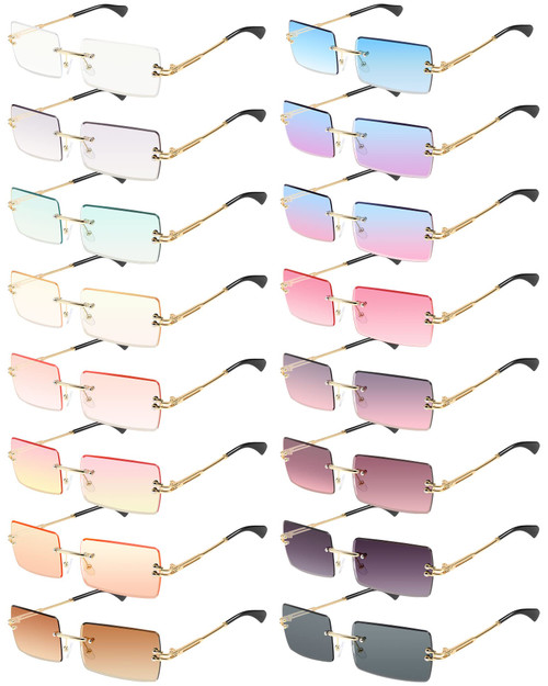 16 Pairs Rimless Rectangle Sunglasses Tinted Frameless Square Glasses Vintage Rimless Eyewear Transparent Candy Color Unisex Glasses for Men Women